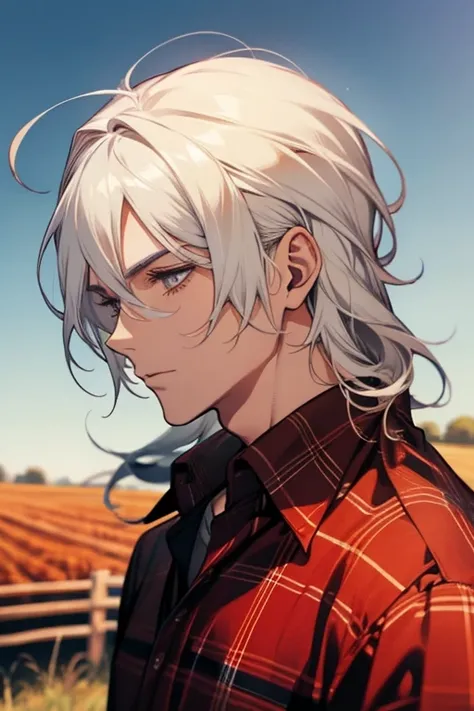 (1 man),close up shot, very long white hair, muscular, flannel shirt, farm background 