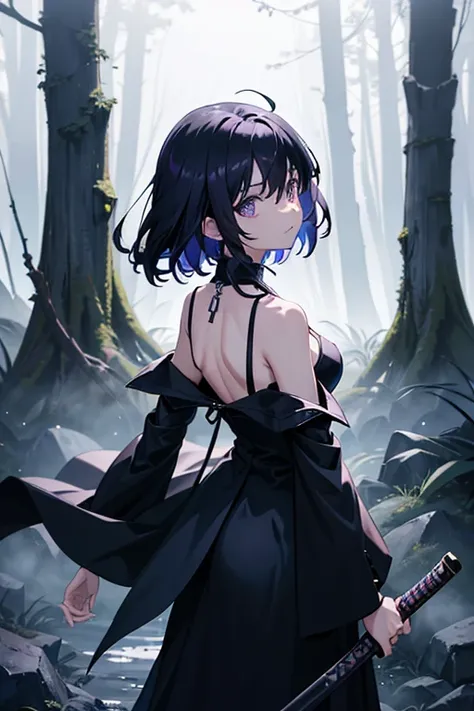 shadow covered girl, covered in shadows, lack shadows in background Anime girls, carrying katana, anime, short black hair with neon purple highlights, hair is above shoulder height, smooth beautiful, 4k, anime art, pendant on hair, cross t necklace, vivid ...