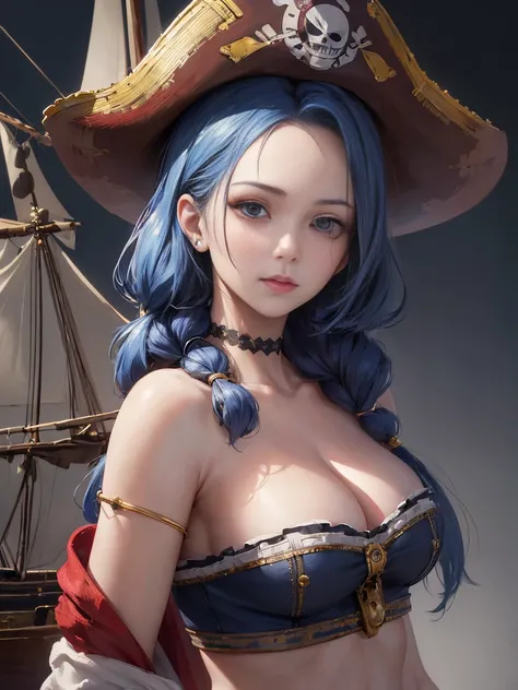 (masterpiece, 最high quality:1.4), (pirate ship), (From the back:1), (One girl), (alone), (head to waist photo) (European youth:1), Blue Hair (Fashion Hair:1.3), Nefertari Vivi from One Piece, hyperRealistic, Skin with attention to detail, Digital SLR, Soft...