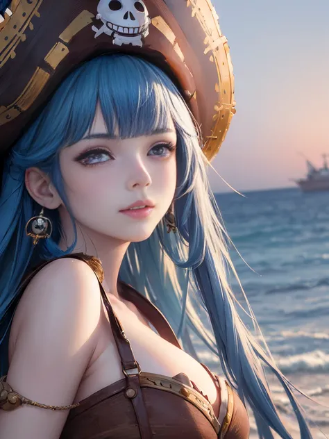 (masterpiece, 最high quality:1.4), (pirate ship), (From the back:1), (One girl), (alone), (head to waist photo) (European youth:1), Blue Hair (Fashion Hair:1.3), Nefertari Vivi from One Piece, hyperRealistic, Skin with attention to detail, Digital SLR, Soft...