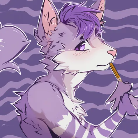 adult, feline, mammal, anthro, anthropomorphic, cat, striped, fur, striped_feline, fur, male, light_purple, purple_hair, fluffy, white, white_chest, shy, small_pupils, digital_art, high_resolution, high_res, hand-drawn, pencil_lines, head_visible, backgrou...