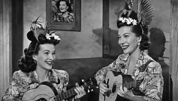 1941; Carmen Miranda (Hello, friends)  playing Ukulele, by Genevieve Naylor 