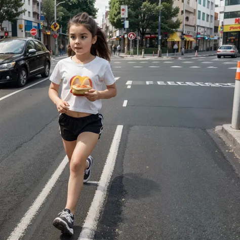 A young girl age one year old running with a french fries of mcdonald that mcdonald chases on the street with lots of burger and stips of french fries into the road.