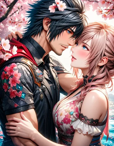 Ultra detailed, HDR, Highres, absurdres, master piece, Claire Farron, wavy pink short hair, expressive aqua pale eyes, Lightning Farron, Final Fantasy XIII, Noctis Lucis Caelum, black hair, expressive blue eyes, Final Fantasy XV, a beautiful woman together...