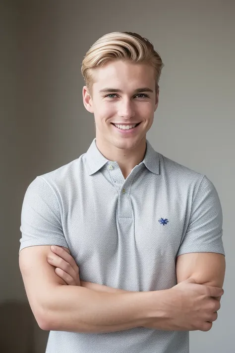 Best quality image: A tall man with bright short blond hair,  with a rectangle/oval face is captured in a full-body shot, dressed in a polo. His smile radiates happiness and confidence as he stands against a clean, uncluttered background. The image is take...