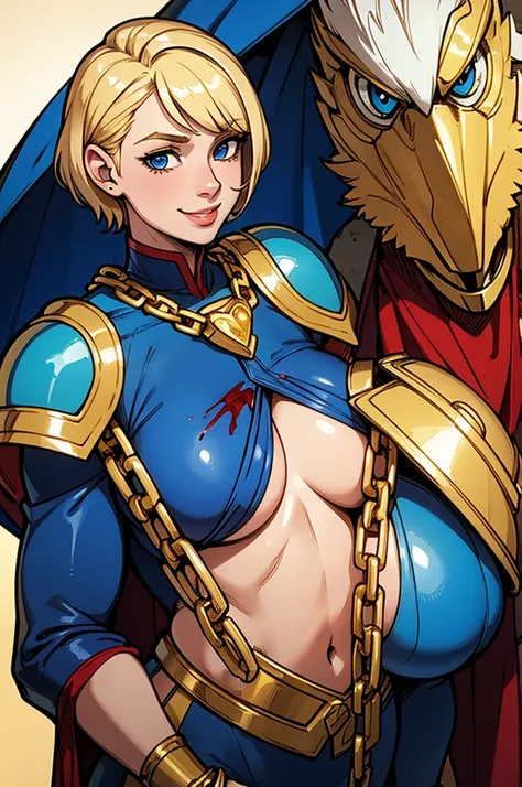 Young female, blonde with short hair, with big, bright blue eyes, wearing a blue costume, defined chest, wearing a golden shoulder pad in the shape of an eagle, with a golden chain running across his chest holding a red cape Smiling with blood splash on fa...