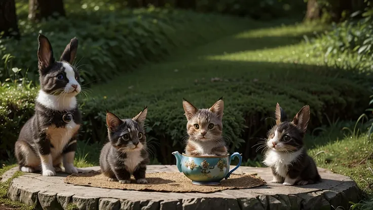 A delightful and enchanting scene of three small, anthropomorphic animals – a puppy, a kitten, and a baby bunny – sitting harmoniously in a vibrant blue China teacup. The kitten is dressed as a fireman, the puppy as a policeman, and the bunny as a cowboy. ...