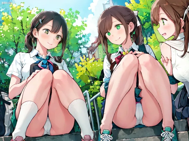 Highest quality, Ultra-high resolution, (Realistic: )2D official style cel animation,((２Girls sitting in a row))Primary school students、brown、ponytail、White Big Ribbon、Blue green check mini skirt,Summer Shirts,Unbutton、(Lace panties),loose socks,sneakers,F...