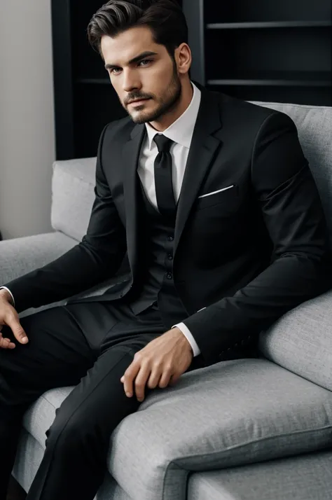 A man with black suit sit on a sofa and we can see his body 