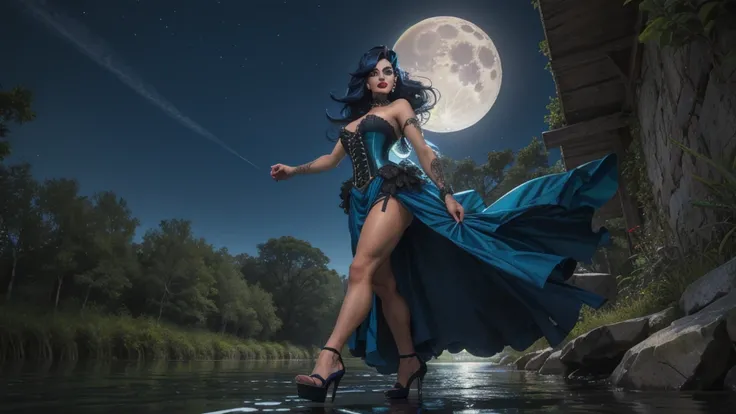 Ultra detailed (drag queen, goth, tan skin, lattin, long blue dress, corset, fashion, long dark blue hair, shallow river, wild, walking, pose, frogs, moon, magic, bottom up view, high heels over the knee)