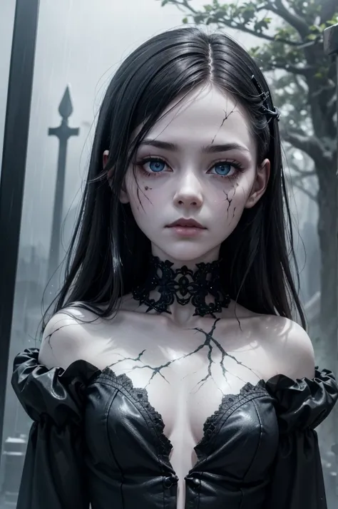 a hauntingly beautiful gothic figure emerges from the gloom, a broken doll of a woman with a cascade of black hair and piercing ...