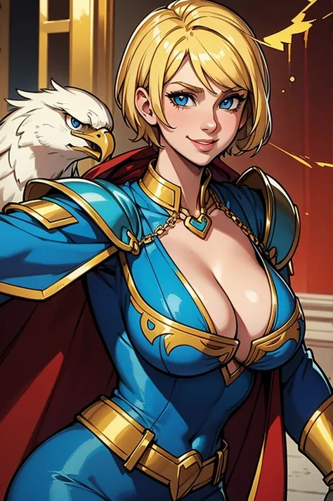 Young female, blonde with short hair, with big, bright blue eyes, wearing a blue costume, defined chest, wearing a golden shoulder pad in the shape of an eagle, with a golden chain running across his chest holding a red cape Smiling with blood splash on fa...