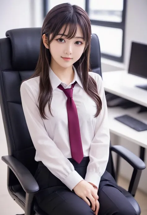 anime girl, 18 years old, looks young, a computer engineer, medium-length brown hair, red eyes, purple suit, black tie, black pants, sitting in an office chair, looking at us, smiling, a red necklace, a red buckle, alone , 8K Image Quality