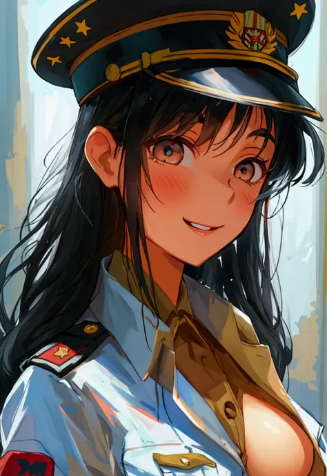 A girl, military girl, long hair, black hair, topless, gentle, good figure, uniform, hat, tear open clothes to expose breasts, , smile,jjmx, seductive eyes