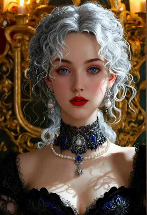 (best qualityer,Ultra-realistic:1.2),A high resolution ,ultra detali, a young French courtesan of the fourteenth century, de 16 anos, beautiful woman in exquisite black and red costume ,Fine Jewelry, like pearls and rubies. pale skin, Curly silver hair wit...