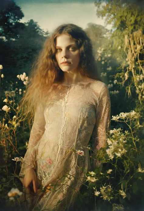 Ethereal Beauty in a Garden, digital art photograph, womans face and body obscured by flowers, lace-trimmed garment, soft lighting, translucent fabrics, ethereal quality, dreamlike atmosphere, subtle colors, natural garden setting, Sally Mann-inspired styl...