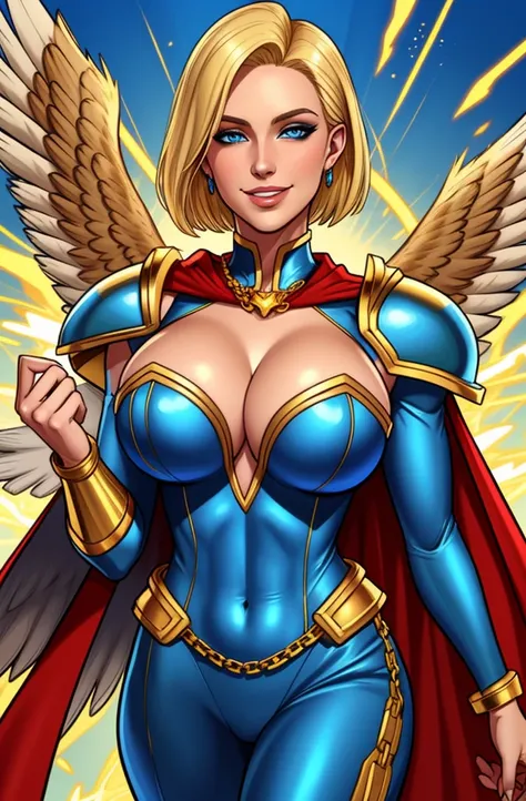 Young female, blonde with short hair, with big, bright blue eyes, wearing a blue costume, defined chest, wearing a golden shoulder pad in the shape of an eagle, with a golden chain running across his chest holding a red cape Smiling with blood splash on fa...