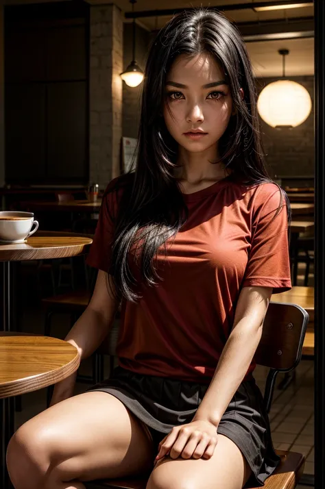 1 girl, red shirt, black skirt, cafe table, sunrise, black hair, straight hair, yellow eyes, solo, sitting on chair, looking at viewer, dramatic lighting, coffee on table