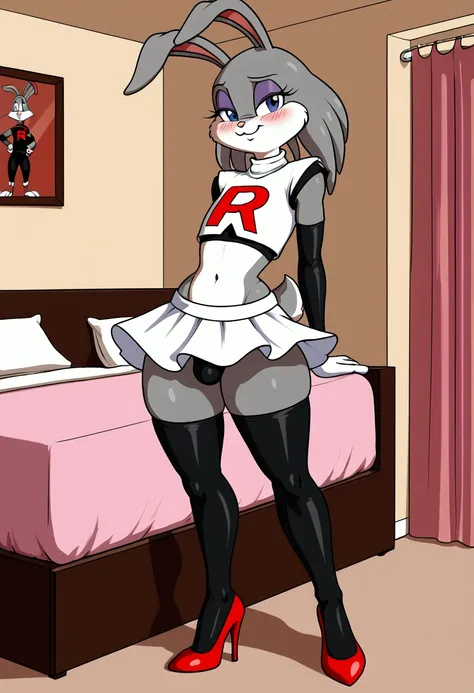 furry, Bugs Bunny, Looney Tunes, grey fur, crossdresser, bedroom, fat ass, wide hips, curvy male, voluptuos, stand, full body, masterpiece, ultra high quality, detailed face, detailed hands, detailed body, heels, by sqoon, by blackwhiplash, sugestive, sexy...