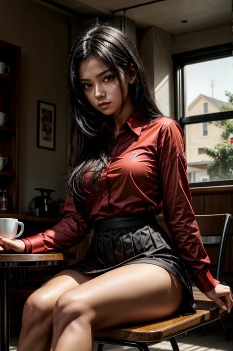 1 girl, red shirt, black skirt, cafe table, sunrise, black hair, straight hair, yellow eyes, solo, sitting on chair, looking at viewer, dramatic lighting, coffee on table