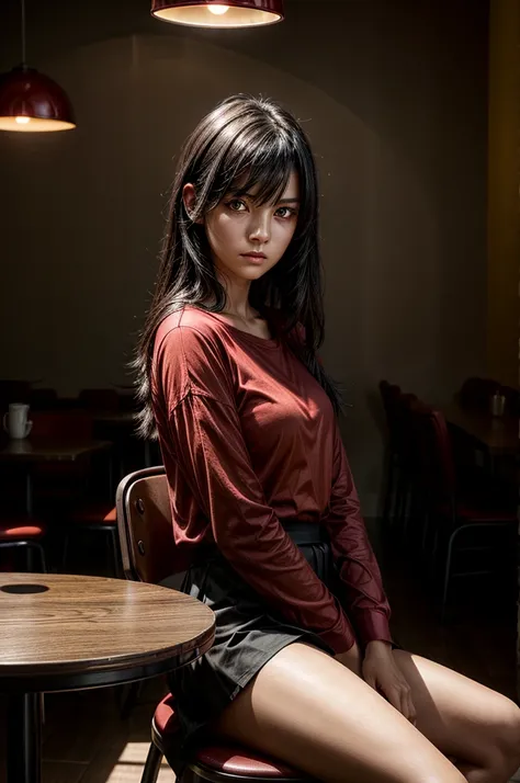 1 girl, red shirt, black skirt, cafe table, sunrise, black hair, straight hair, yellow eyes, solo, sitting on chair, looking at viewer, dramatic lighting, coffee on table