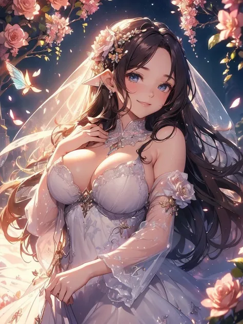 最high quality、1 beautiful woman, ((sleep on your back ))、View from the front、Beautiful groin、detailed groin、、Blushing、親しいsmile、Ecstasy、Beautiful thighs、Filled with roses、Lots of roses、Festographic、 Epic fantasy world、flower fractal fine art、Fill the screen...