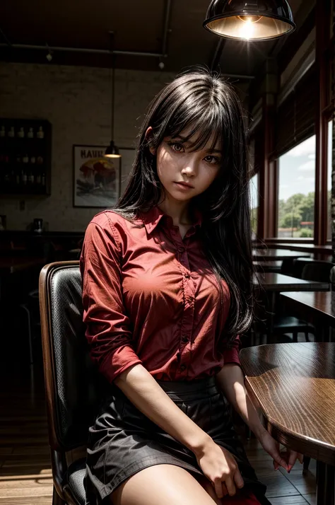 1 girl, red shirt, black skirt, cafe table, sunrise, black hair, straight hair, yellow eyes, solo, sitting on chair, looking at viewer, dramatic lighting, coffee on table