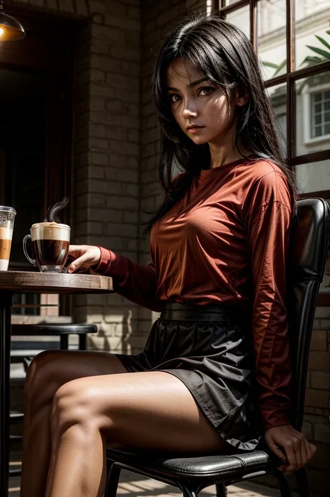 1 girl, red shirt, black skirt, cafe table, sunrise, black hair, straight hair, yellow eyes, solo, sitting on chair, looking at viewer, dramatic lighting, coffee on table, round breas