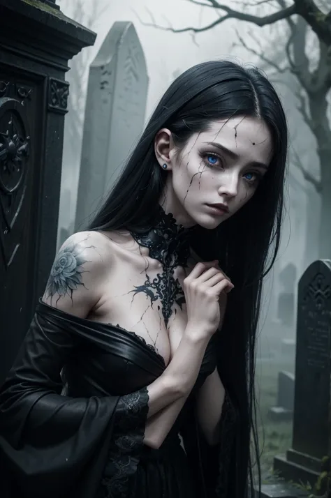 A hauntingly beautiful gothic figure emerges from the gloom, a broken doll of a woman with a cascade of black hair and piercing blue eyes. Scars mar her delicate features, and intricate tattoos adorn her pale skin. Clad in somber gothic attire, she stands ...