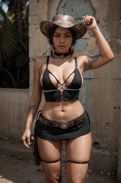 mexican senorita with gun. vintage tattooed female bandito wearing skimpy sexy habit. ammunition belts crisscrossed across naked chest. wearing sombrero and La Catrina dress.  standing outside old mexican clay church. outlaw woman brandishing a revolver in...