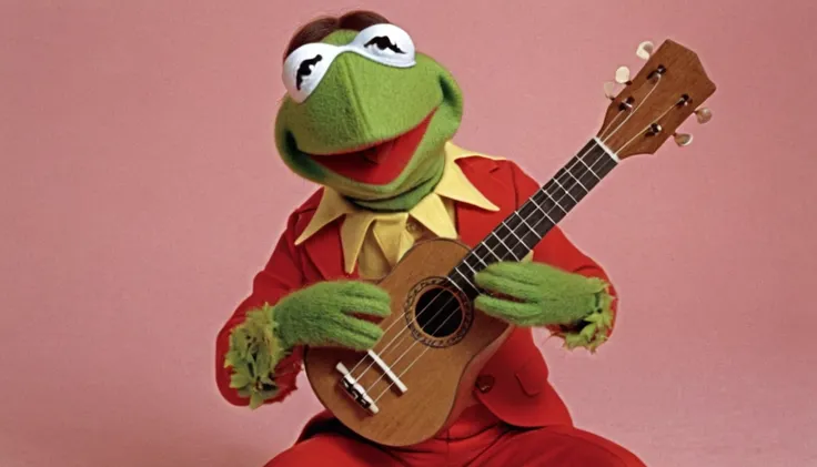 1975; Caco Kermit playing Ukulele, by Genevieve Naylor