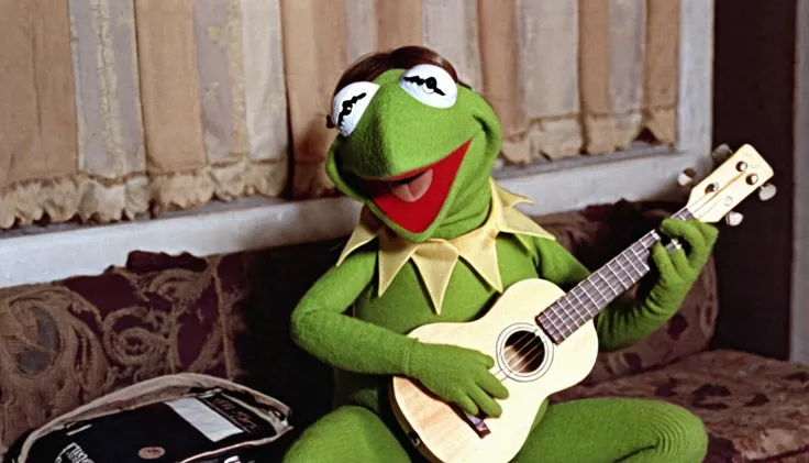 1975; Caco Kermit playing Ukulele, by Genevieve Naylor