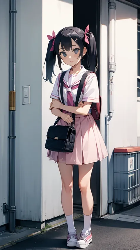 1girl, standing, roki_hirokix style, house, , school bag, twintails, car, carrying bag