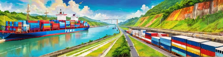 Panama Canal, paint, double exposure, (textura de paint:1.2), (Masterpiece:1.2), Best Quality, (hyperdetailed, more detailed:1.2), high resolution textures, beautiful landscape, Very detailed, very clear, (Panama Canal), vivid colors, HD, multicolor style,...