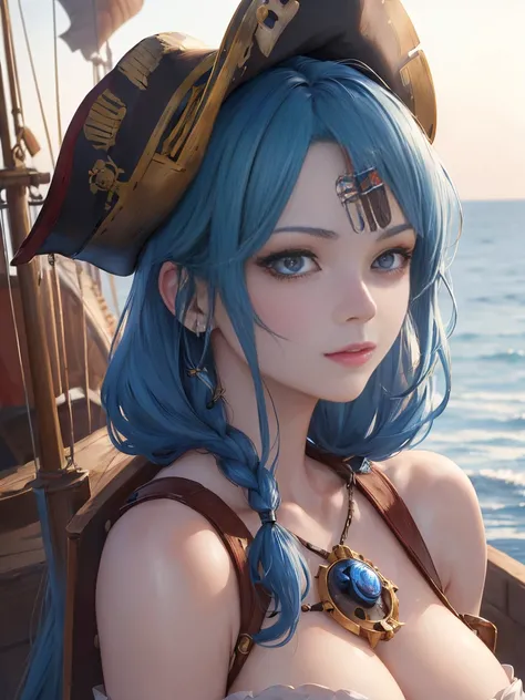 (masterpiece, 最high quality:1.4), (pirate ship), (From the back:1), (One girl), (alone), (head to waist photo) (European youth:1), Blue Hair (Fashion Hair:1.3), Nefertari Vivi from One Piece, hyperRealistic, Skin with attention to detail, Digital SLR, Soft...