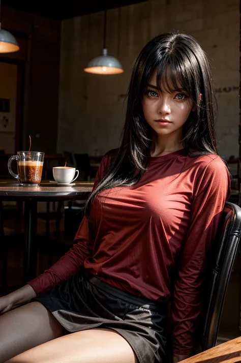 1 girl, red shirt, black skirt, cafe table, sunrise, black hair, straight hair, blue eyes, solo, sitting on chair, looking at viewer, dramatic lighting, coffee on table, round breast