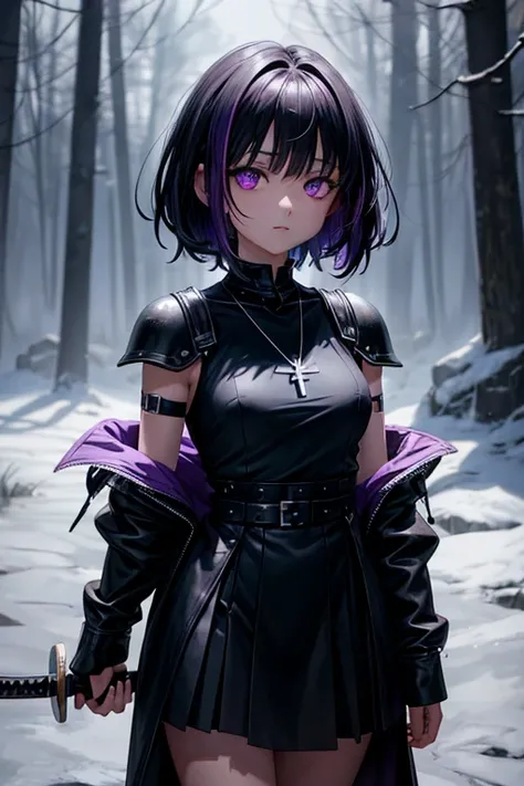 dark smokey background ,raven in background shadow covered girl, covered in shadows, lack shadows in background Anime girls, carrying katana, anime, short black hair with neon purple highlights, hair is above shoulder height, smooth beautiful, 4k, anime ar...