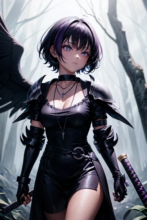 dark smokey background ,raven in background shadow covered girl, covered in shadows, lack shadows in background Anime girls, carrying katana, anime, short black hair with neon purple highlights, hair is above shoulder height, smooth beautiful, 4k, anime ar...