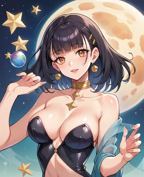 Glass Galaxy 
Create an image depicting  the portrait f a beautiful woman Sasuke + Senna lol de vestido em tomara  sexy rasgada roupas decote front  of a universe where stars, planets, and galaxies are made entirely of black Gold, translucent glass, refrac...