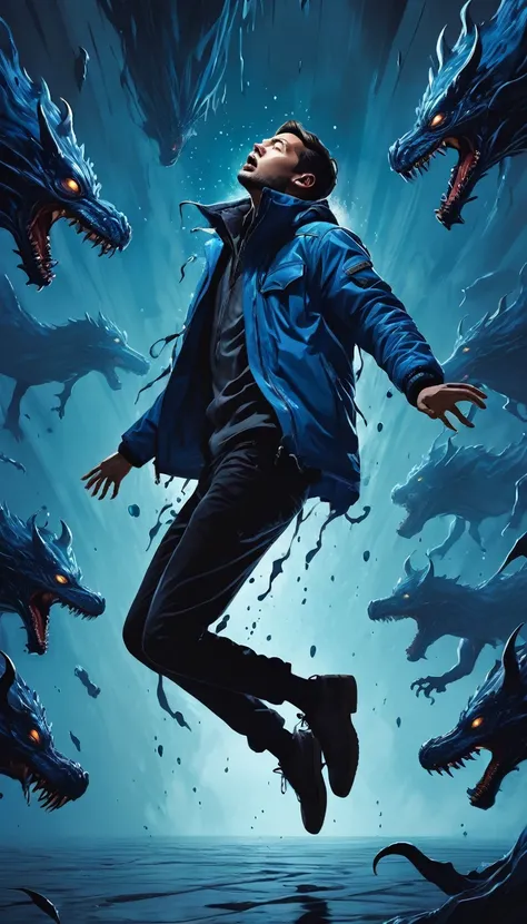 side view, a man floating in mid-air falling down the void, centered, wearing a blue jacket, lateral view. the wide infinite walls are filled entirely with the overlaping bodies of monsters with dark melting skin, these monsters strech their claws trying t...