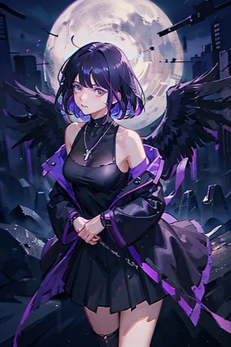 dark smokey background ,raven in background shadow covered girl, covered in shadows, lack shadows in background Anime girls, carrying katana, anime, short black hair with neon purple highlights, hair is above shoulder height, smooth beautiful, 4k, anime ar...