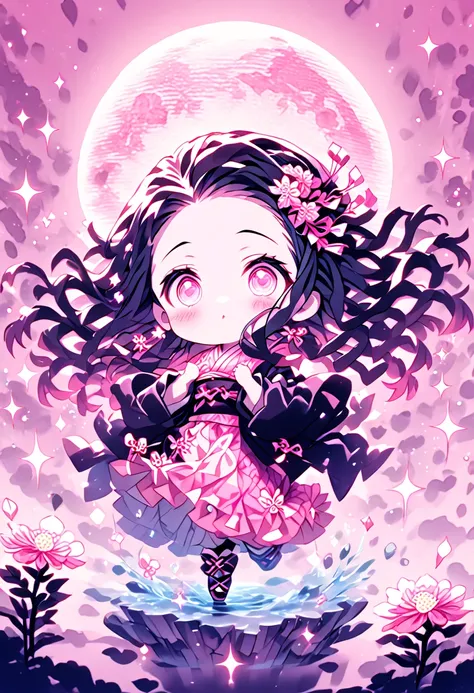 absurdres, highres, ultra detailed, HDR, master piece, best quality, extremely detailed, Kamado Nezuko chibi, black hair, expressive pink eyes, Kimetsu No Yaiba, solo, cute, black haori, pink kimono, fantasy, water, sparkling, pink glittering fireflies, pi...