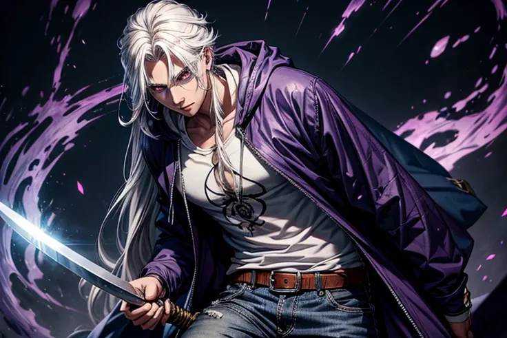 Human Male with white long hair, purple eyes, wearing jeans and gray hooded Robe, wearing a t-shirt, scarred eye, fantasy, carrying a sword