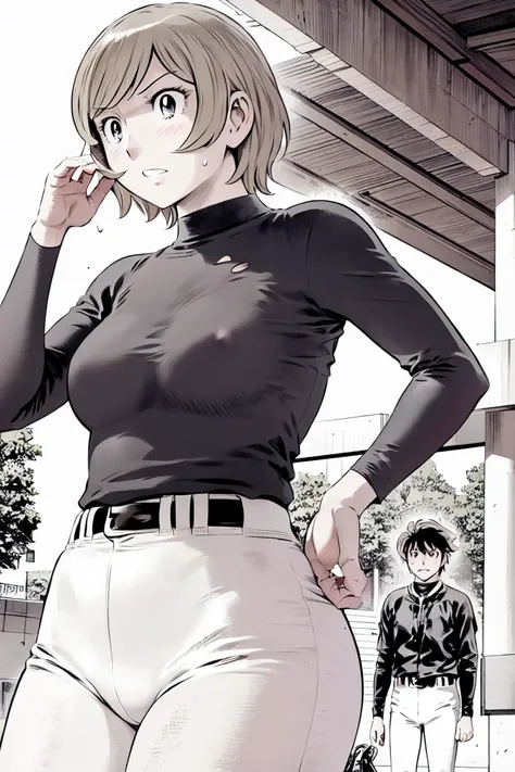 (野球uniform:1.2),
blonde, (short hair:1.2),Long sleeve, Black Shirt, turtleneck,White trousers、uniform、Black belt、((Illustration of people))、big 、Covered in mud、Soil stains、ドロドロのuniform、
View your viewers,, (Highest quality:1.3),One Girl, White pants、unifor...