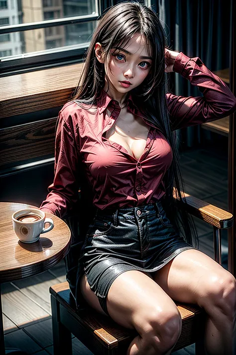 1 girl, red shirt, black skirt, cafe table, sunrise, black hair, straight hair, blue eyes, solo, sitting on chair, dramatic lighting, coffee on table, round breast, nipples piercing