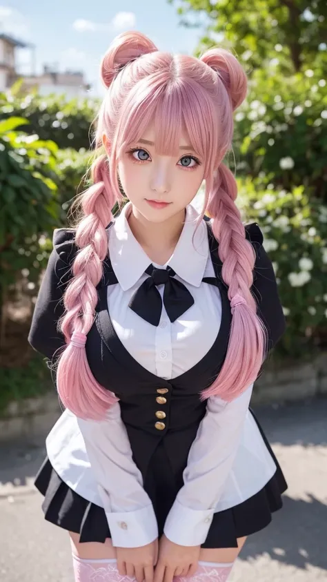 (Highest quality,Very detailed,1 Girl),black tights,Pink Hair,height: 160cm,cute,Pink Eyes,Twin tails,Big Breasts,Wear a uniform,Her eyes are white and shining,Look at me from up close,Has bright white eyes,