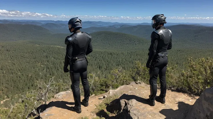 a luxury sales suit man wearing a black rider full-face helmet overlooking wilderness,full body,standard rider black full face h...