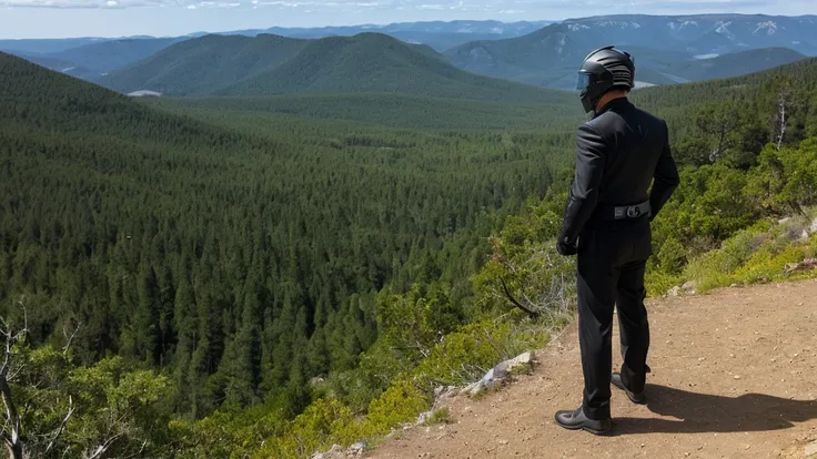 a luxury sales suit man wearing a black rider full-face helmet overlooking wilderness,full body,standard rider black full face h...