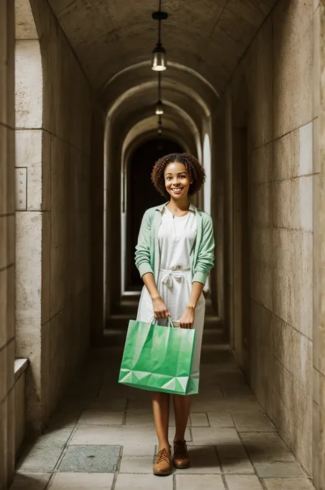 Pretty girl with freckles light skin ,tender look, smiling ,Behind it there is a green hallway and right next to it a cistern ,she has a shopping bag 