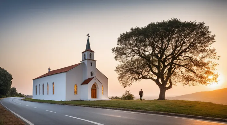 raw photo, best quality, ultra realistic, masterpiece, best quality skin, photography hd, dslr,
tcs, httlvn, modern house, road, people, house, facade design, outdoors, church, white walls, cross on top, curved shape building, 
Dusk, sunshine, 
View from a...